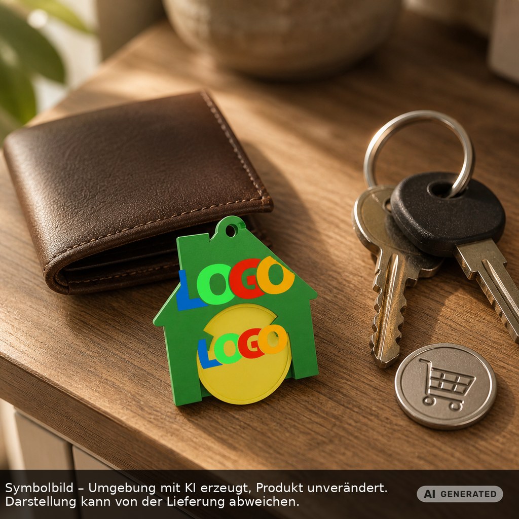 Chiphalter mit 1€-Chip "Haus" als Werbeartikel mit Logo bedrucken