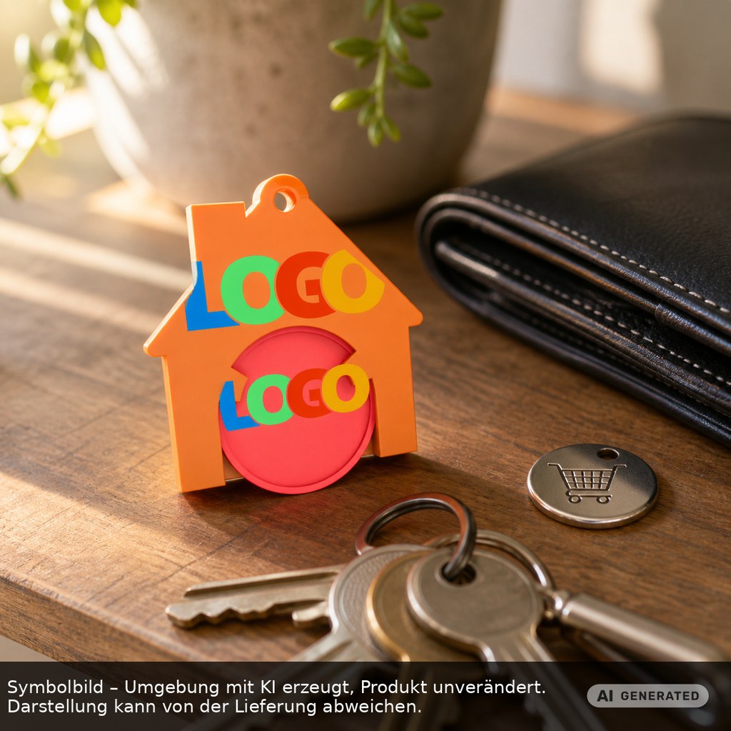 Chiphalter mit 1€-Chip "Haus" als Werbeartikel mit Logo bedrucken